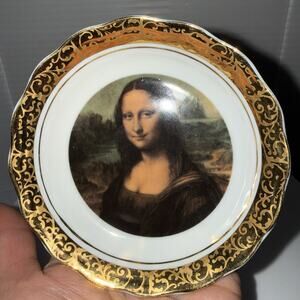 Limoges France Mona Lisa Mini Plate 4.5” Gold Trim Porcelain Collector Vintage